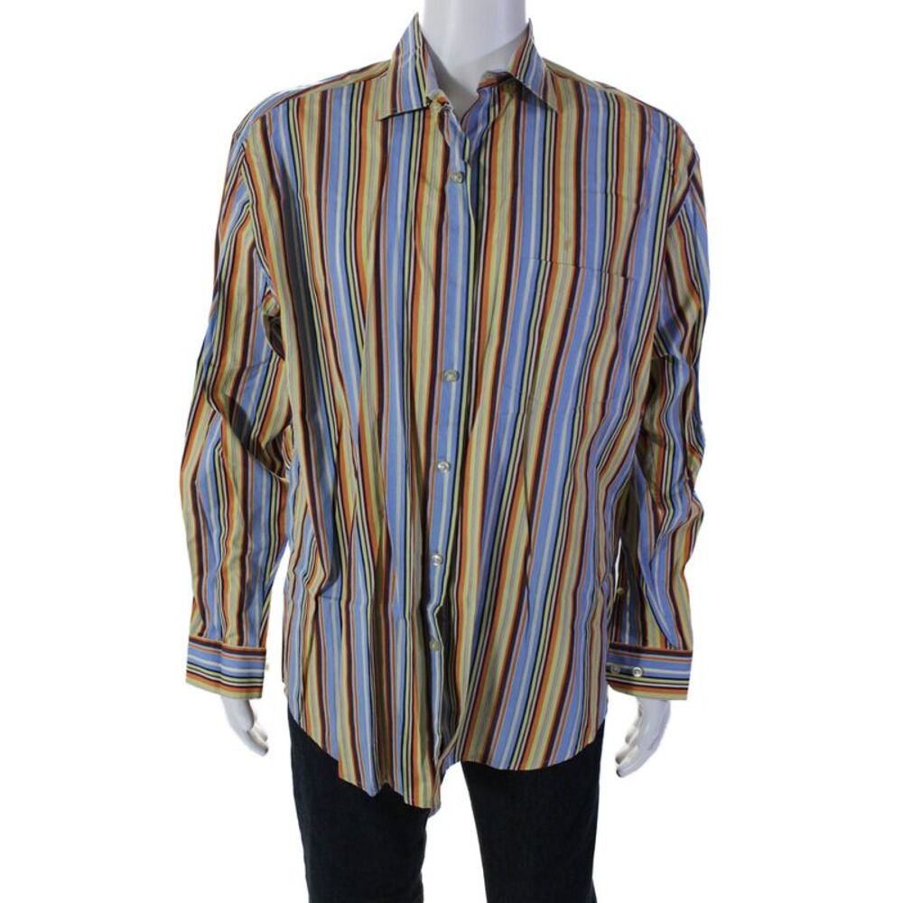 McKenzie Tribe Mens Striped Button Down Dress Shirt Multi Colored Size Large
